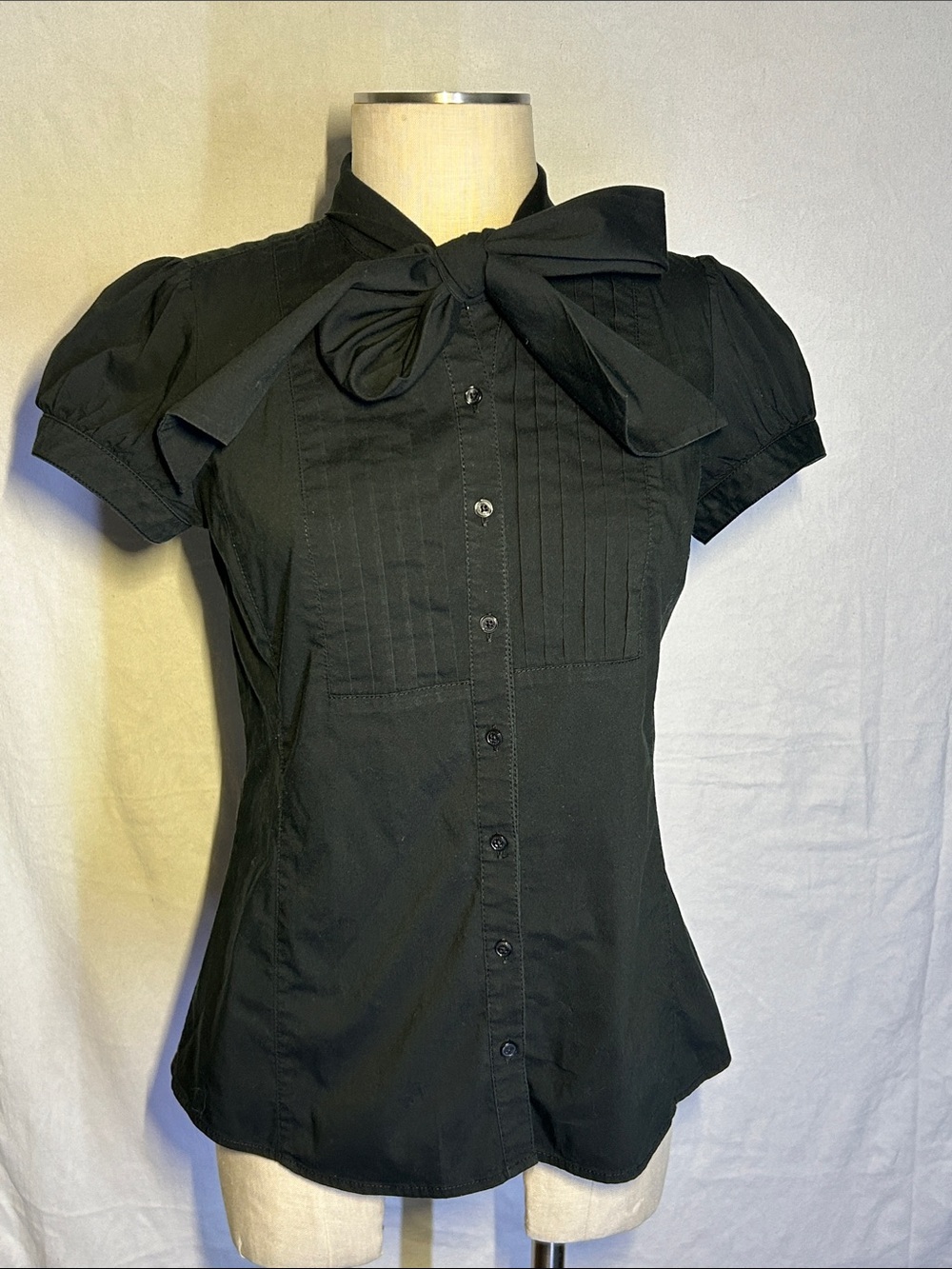 Express Black Bow-Neck Pintuck Button-Down Blouse
